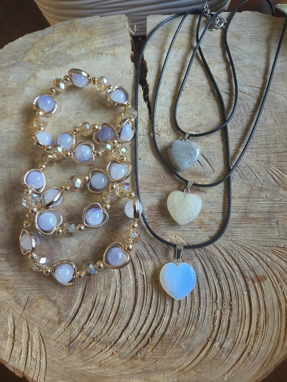 Handcrafted Set Of 6 Stone Heart Pendandants & Stretch Bracelets